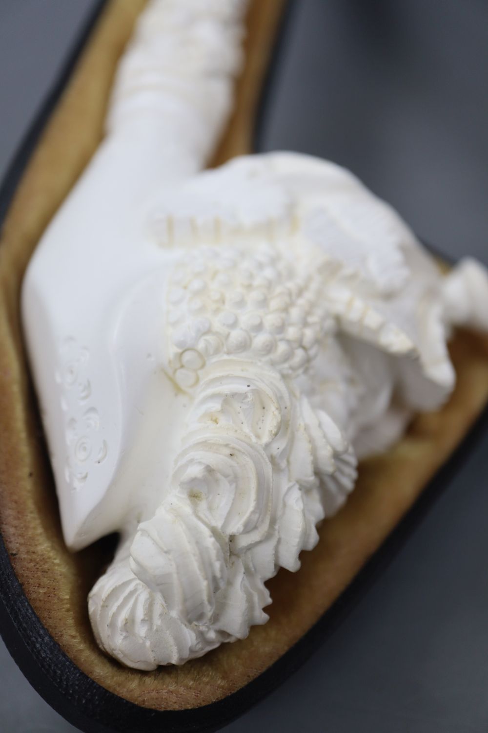 A large craved Dionysus meerschaum pipe, cased